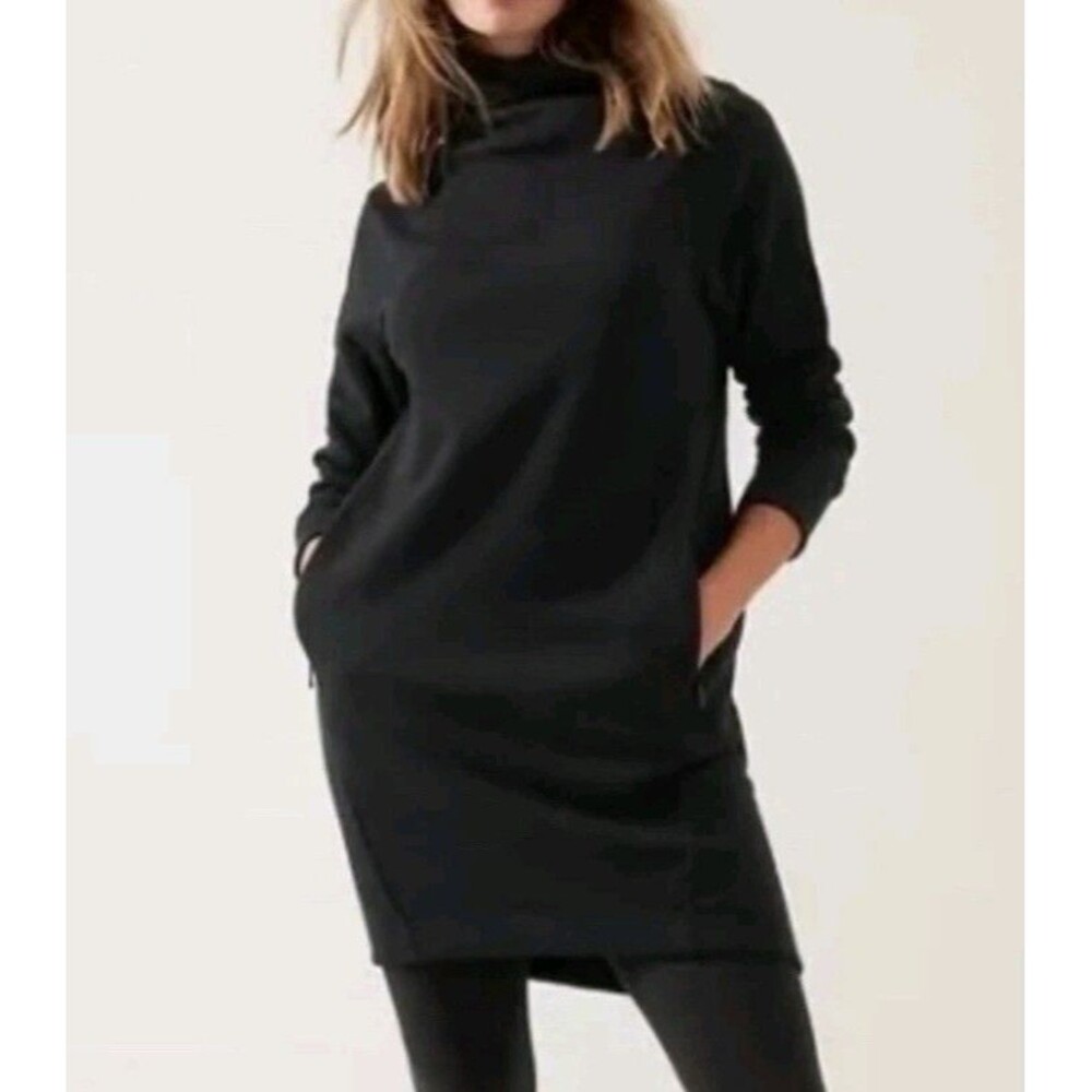 Athleta Women Black Cozy Karma Funnel Neck Stretch Fleece Dress XXS Retails $130